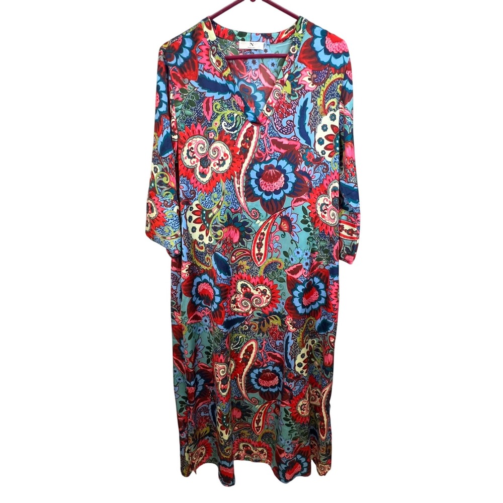 Natori Paisley Floral Maxi Dress M Pockets Boho Kaftan Hippie‎ Festival Resort